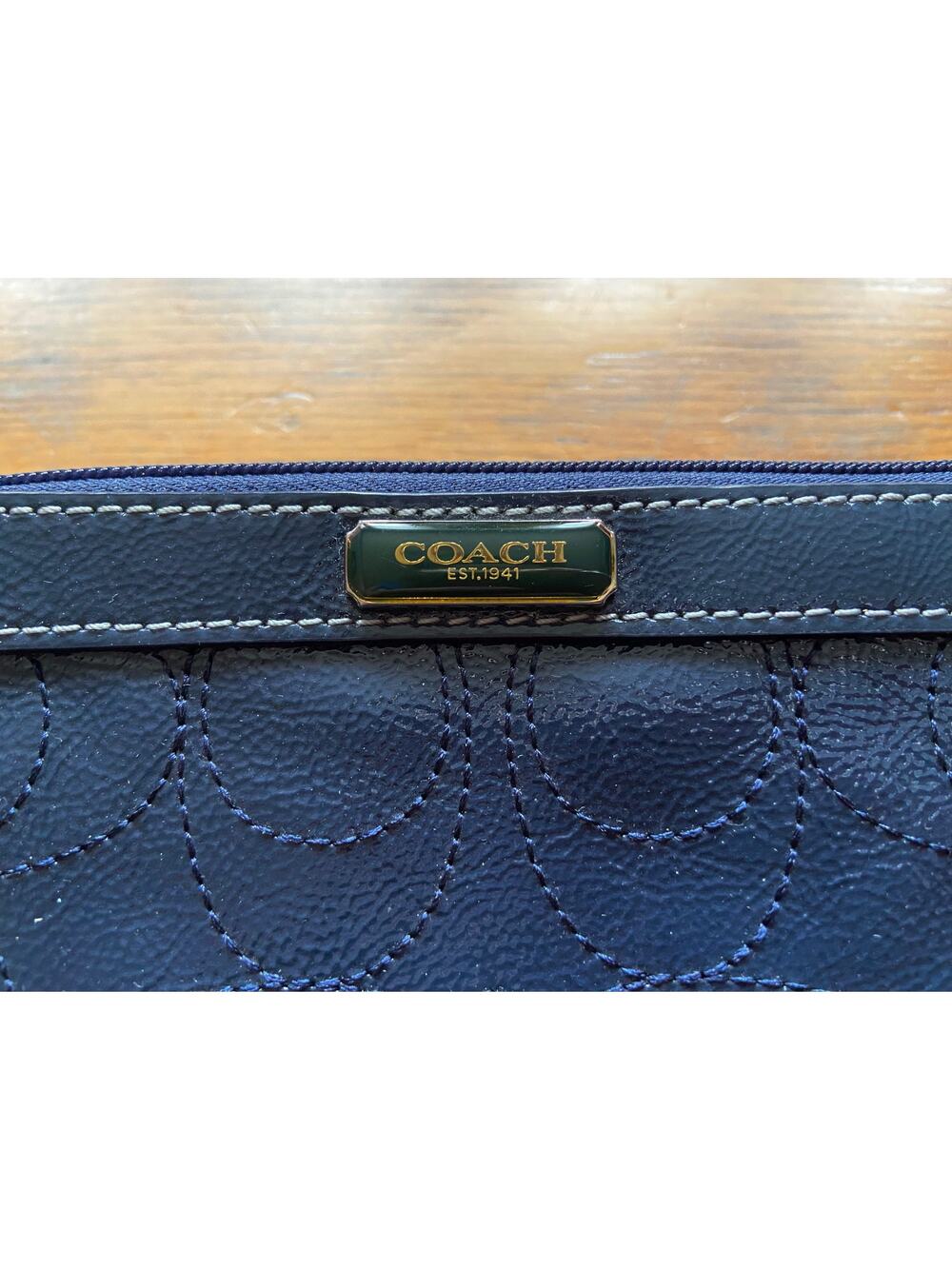 COACH Blue Textured Leather Logo Wristlet